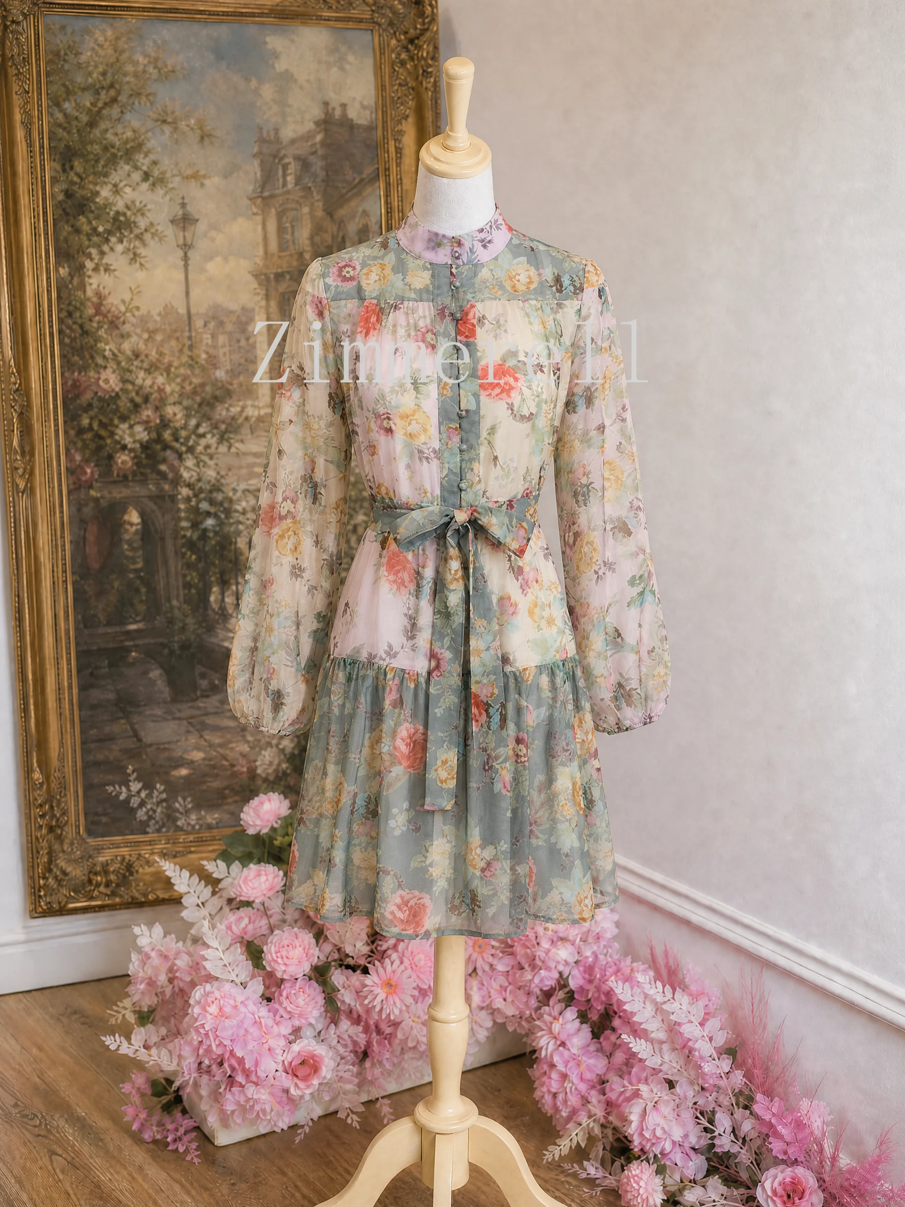 French Vintage Elegant Evening Dress Women Lantern Sleeve Stand Collar Single Breasted Mini Dress Sweet Chic Printed Party Dress