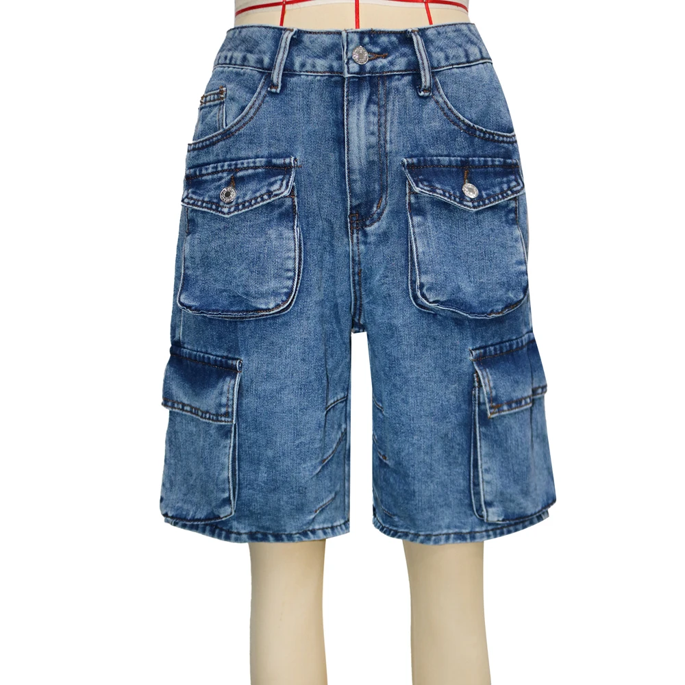 Mode Taschen Frauen Säure Waschen Cargo Denim Shorts 2025, Sommer Casual Weibliche Streetwear Böden Baggy Y2k Hohe Taille Jean Shorts – Detail 4