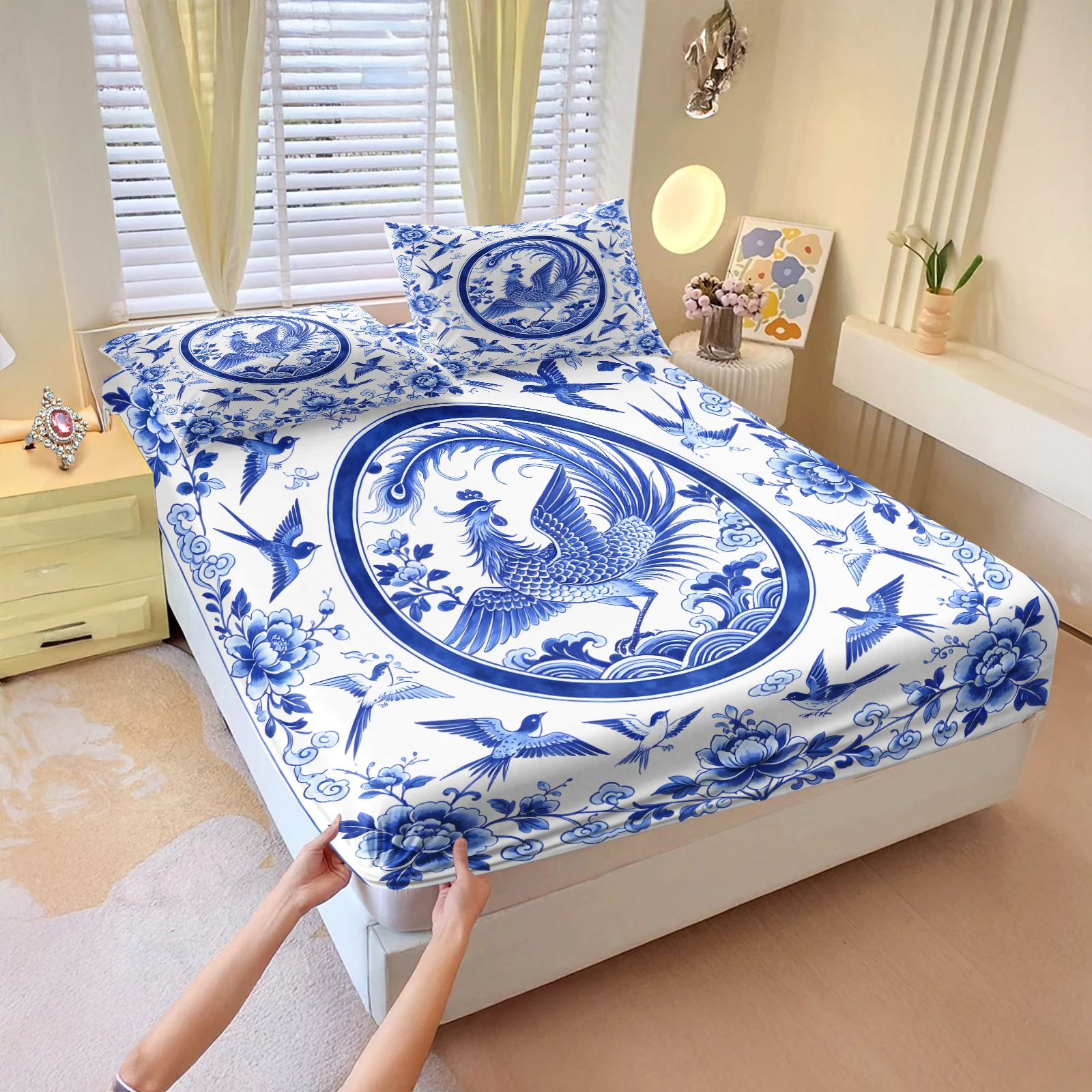 Oriental Blue‑White Phoenix Fitted Sheet Set Round Medallion Porcelain Peony Bird Print Elastic Deep Pocket Mattress Cover Gift