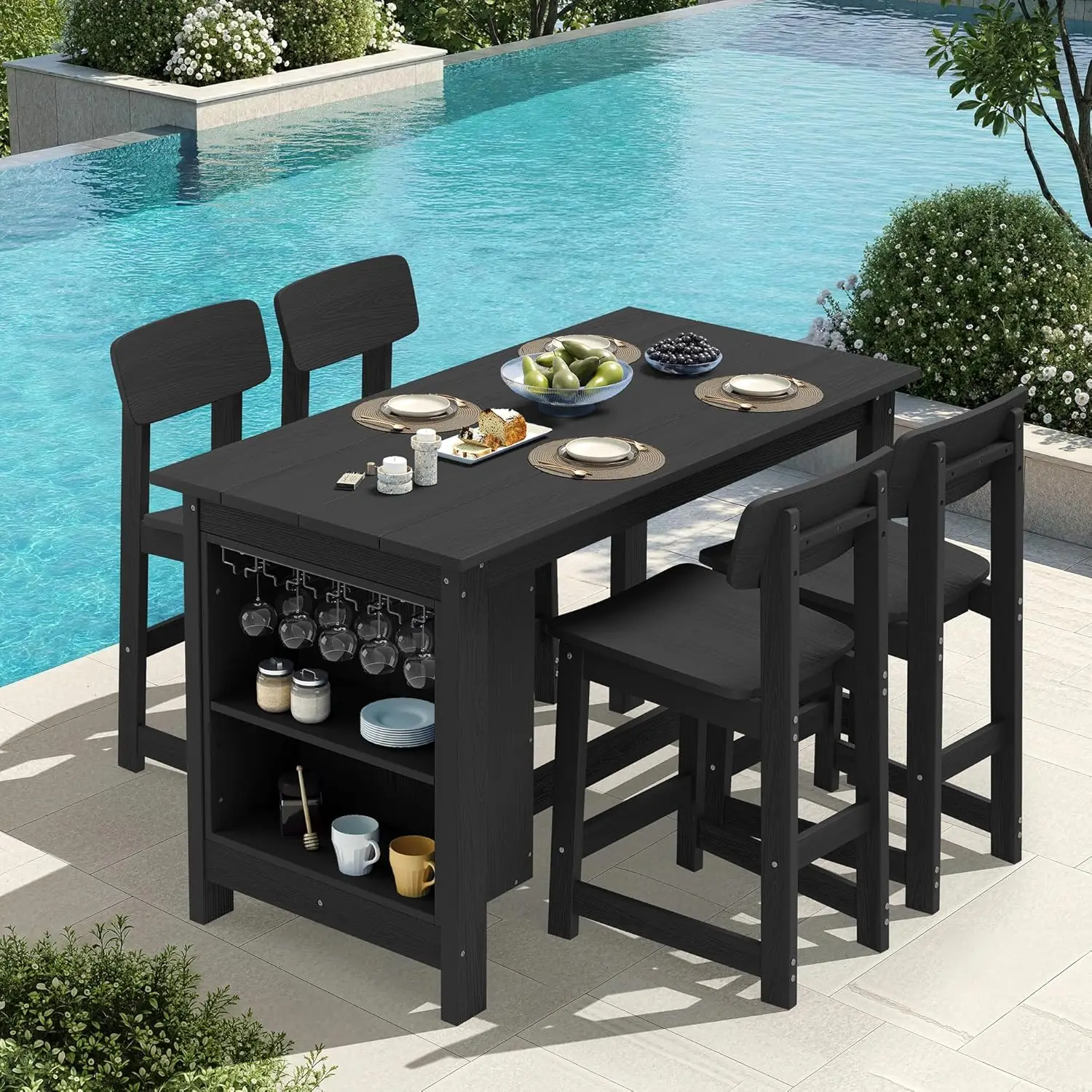 

5-Piece Counter Height Outdoor Bar Set Storage Wine Rack Table 4 Stools Garden Backyard, Custom