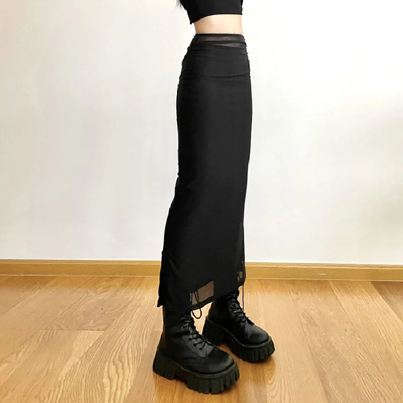 กระโปรงทรงตรงเอวสูงสไตล์เรโทรฮ่องกง ผ้าพีวีซี ตัดเย็บแบบสลิม ช่วยพรางหุ่น เหมาะสำหรับใส่เดินเล่น