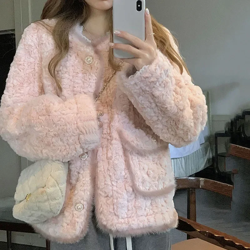 Pink Faux Fur Jacket Women Fashion with Pocket Long Sleeves Lamb Wool Warm Coat Ladies Korean High Street Short Outwear