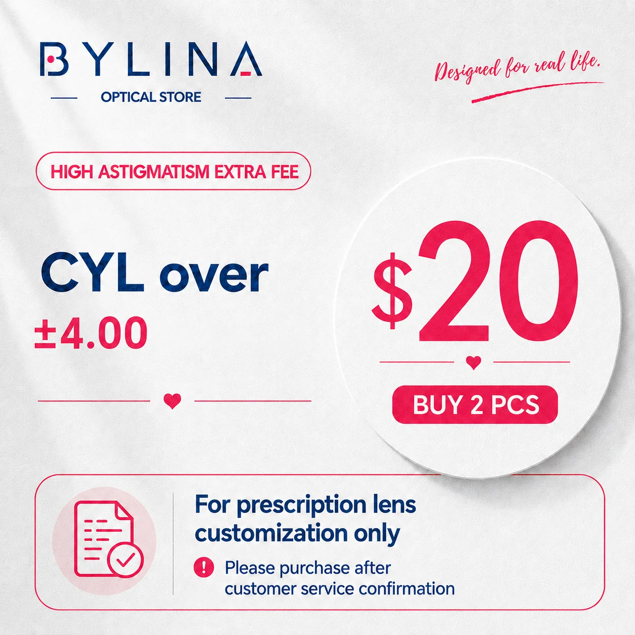 High Astigmatism Customization Fee for Prescription Lenses CYL Extra Fee Customer Service Only
