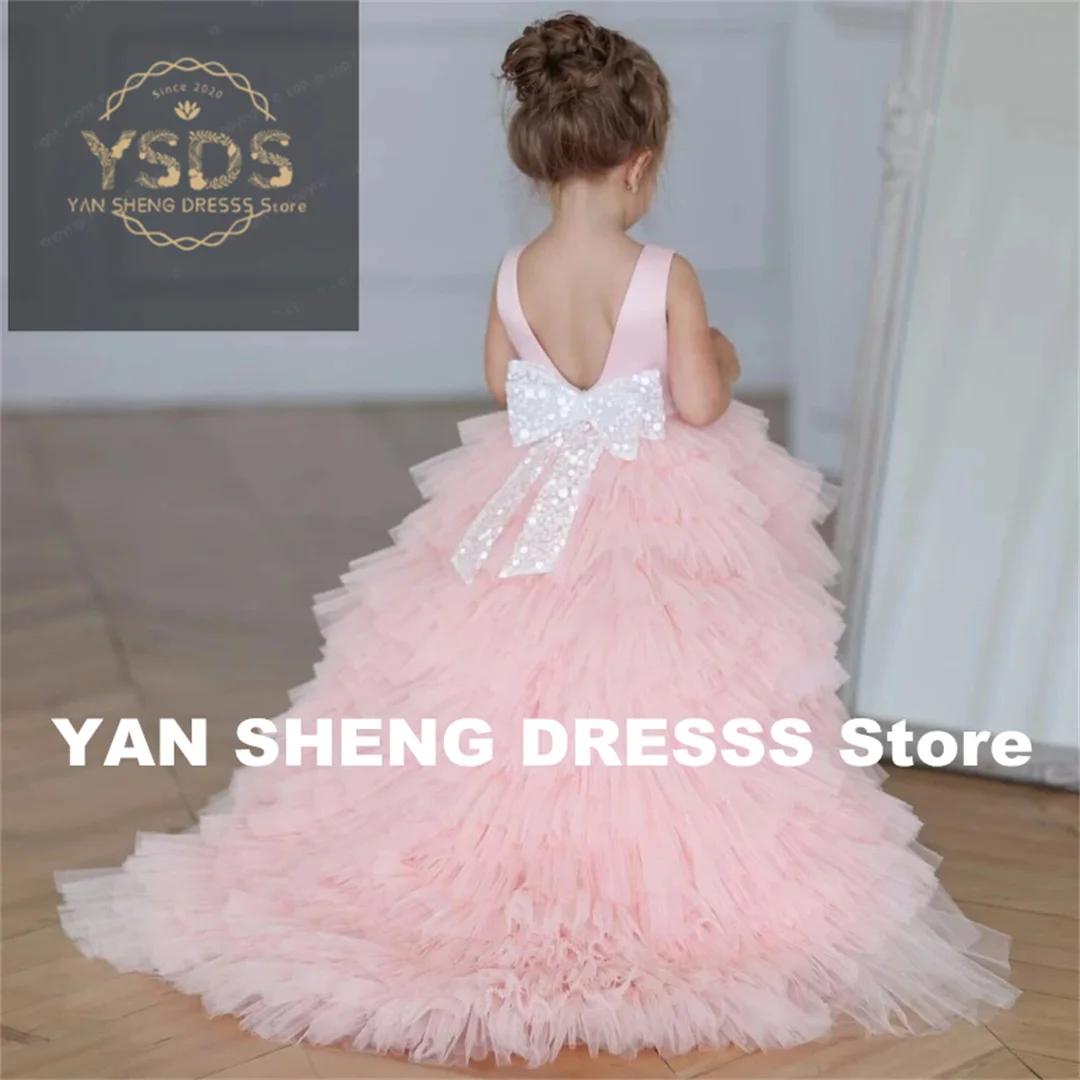 

Customized Flower Girl Dresses Pink Tulle Hight-Low Skirt With Bow Sleeveless For Wedding Birthday Party First Communion Gowns