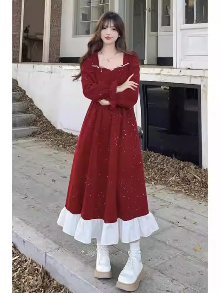 Large Sparkling New Year's Red Velvet Dress Women's Spring Autumn Style High End Annual Meeting Party Long And Short Vestidos