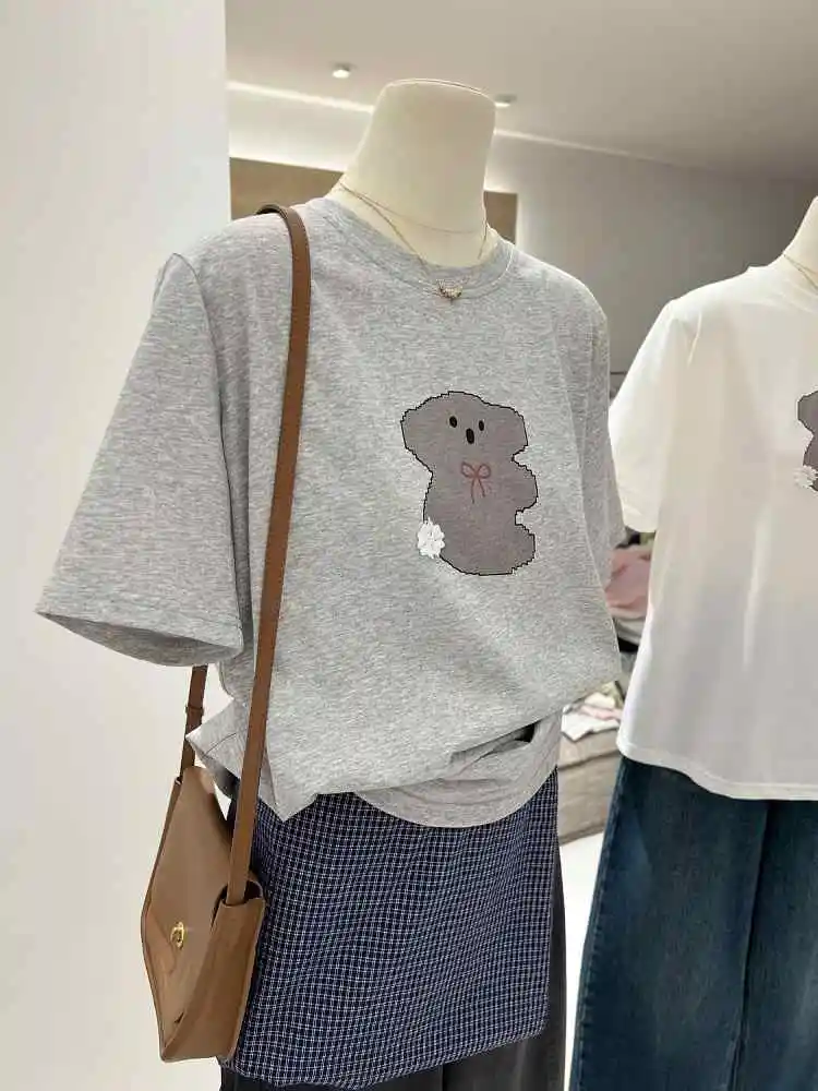 Sommer Gedruckt Baumwolle T-shirt für Frauen Rundhals Kurzarm Bär Muster Weibliche Tees Koreanische Casual Mode Applikationen Top