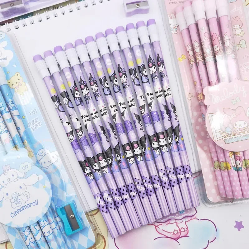 Sanrio Kuromi HB Pencils 12 Pencils & 1 Pencil Roller Stationery Box Set, Student Writing Drawing HB Pencils Sketch Pens