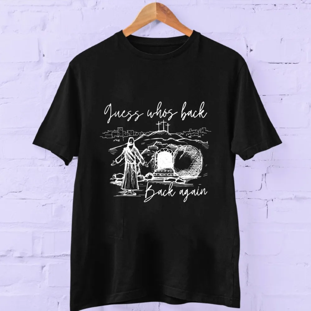 Guess Who's Back Again Retro Funny Jesus Shirt Cute Easter Gift Trendy Christian Faith Religious Mens Graphic Tee Short-sleev