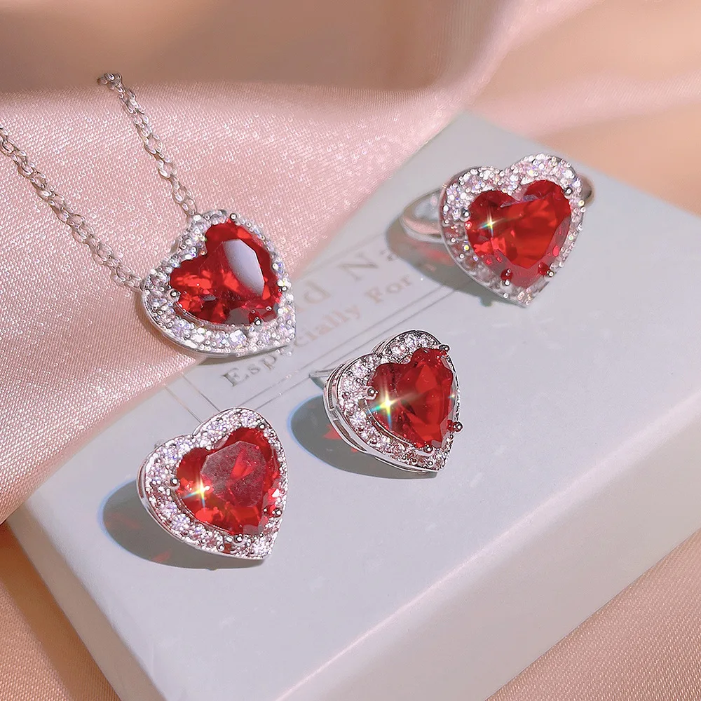 925 Silver High Quality Natural Garnet Ring Pendant Stud Earrings Three Piece Set Women's Party Birthday Jewelry Gifts