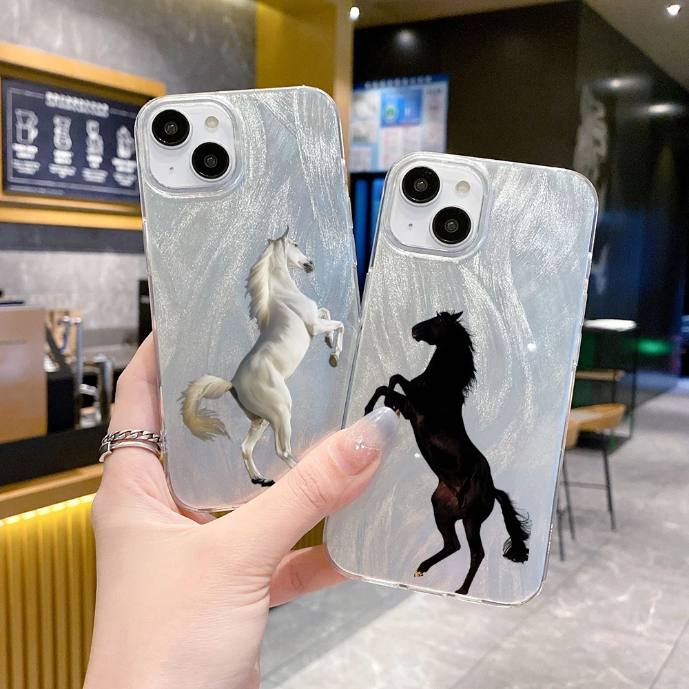 Clear Feather Laser Phone Case Cover FOR Apple iPhone 16 PRO MAX 15 14 13 12 PRO MAX PLUS 5G Handsome White Black Horse Animal