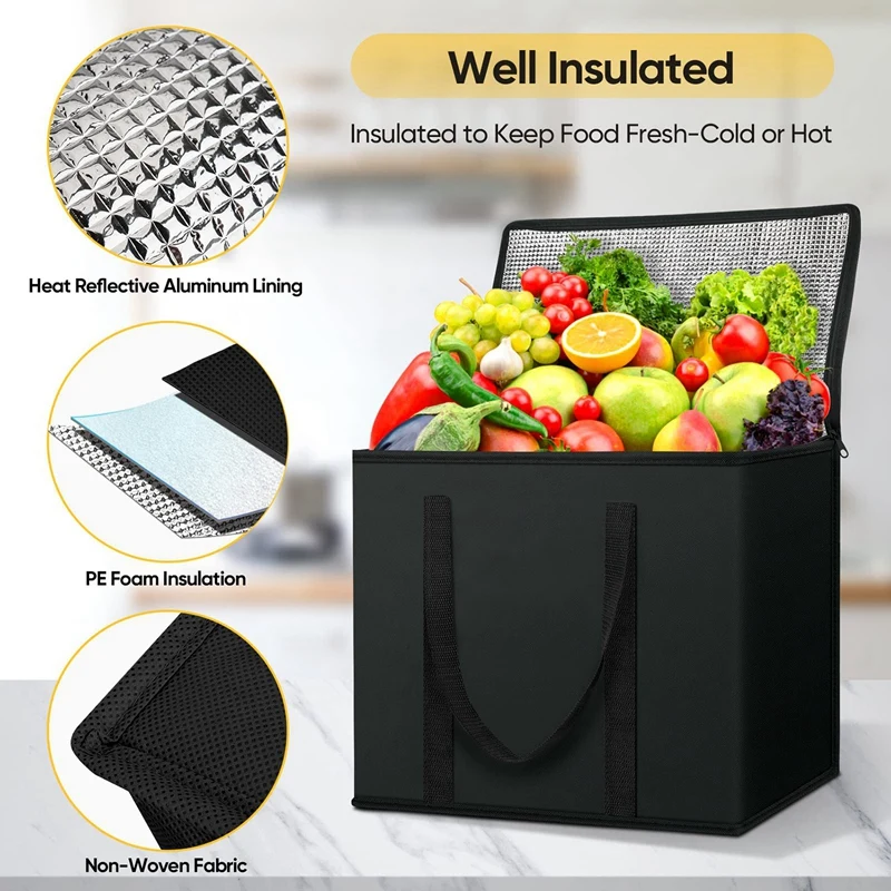 2 Pack Insulated Reusable Grocery Bags, Collapsible Cooler Bag Black Non-Woven Fabric For Groceries, Heavy Duty Insulated Bag