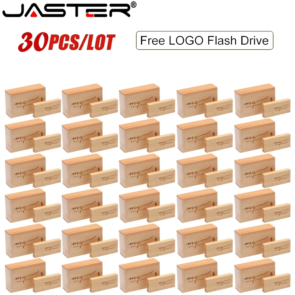 30pcs/lot Flash Drive Usb 2.0 Wooden + Box Pen Drive 4GB 8GB 16GB 32GB 64GB U Disk Free Custom Logo for Photography Wedding Gift