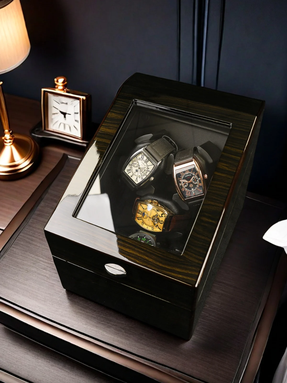 Automatic Watch Winder Wooden Texture Style 3+3 Slot Blue LED Light + Cover Opening Emergency Stop Function Automatic Watch Box