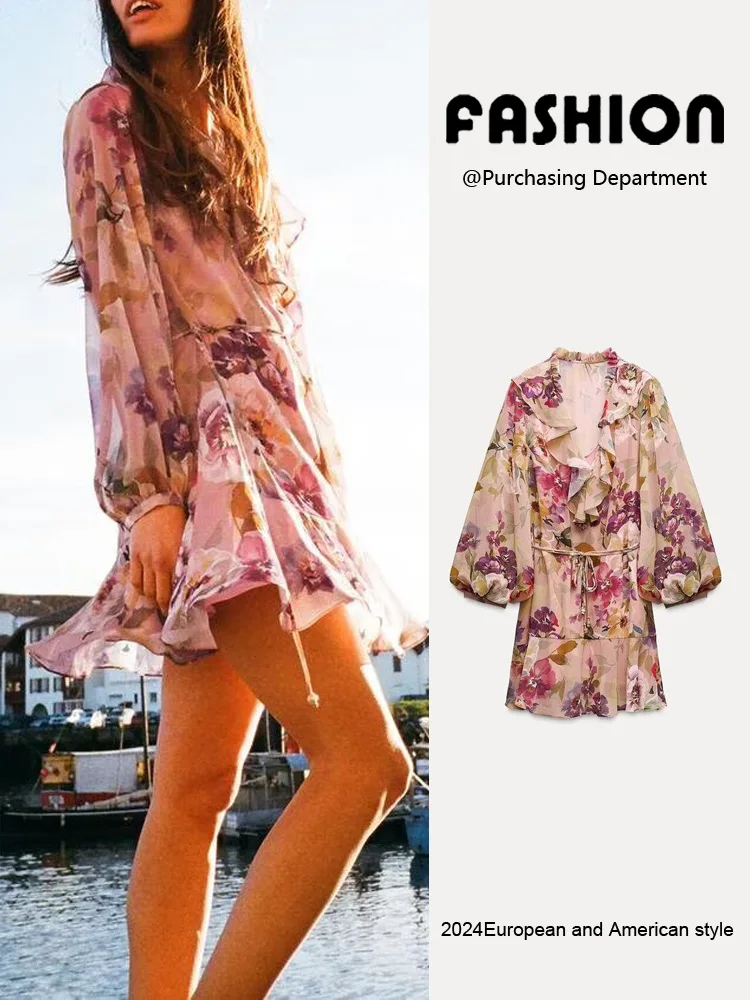 Vestido f recém-chegado da primavera ZA2025 vestido  com decoração em camadas com estampa floral versátil vestido ...