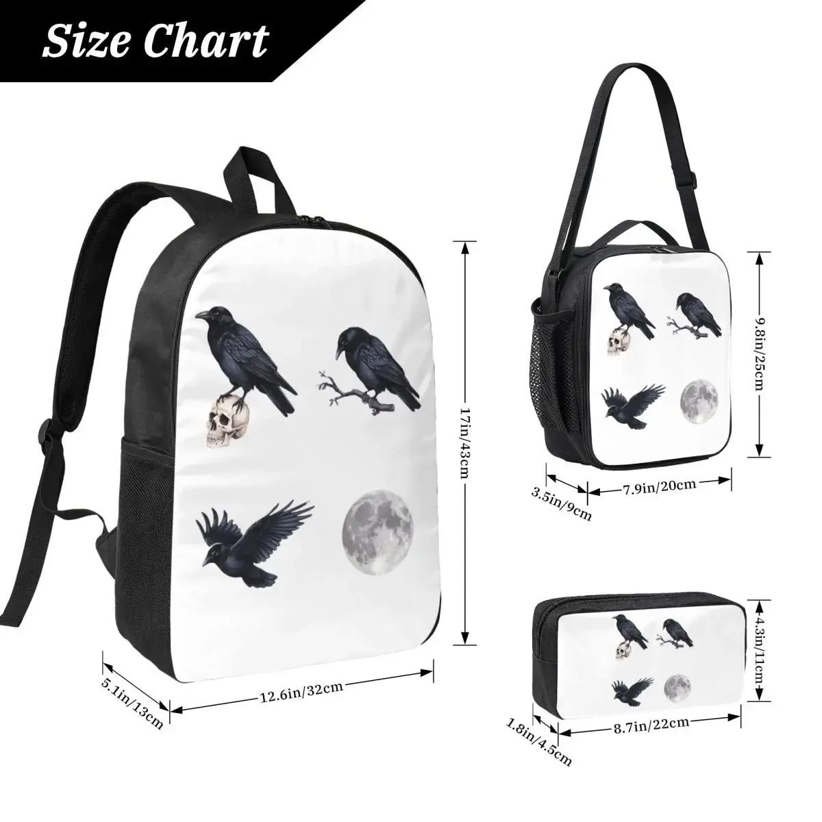 Trendy Black Raven Crow ,skull And Moon Pack Backpack BookBag School Bag Shoulder Bags 3ps Insulated Lunch Bag Pencil Case