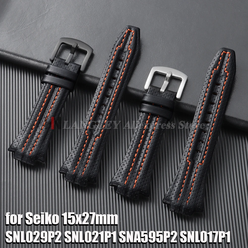 15 mm x 27 mm echtes Lederarmband für Seiko Sportura Uhrenarmband, konvexes Armband, wasserdicht, für SNL029P2 SNL021P1 SNA595P2 SNL017P1