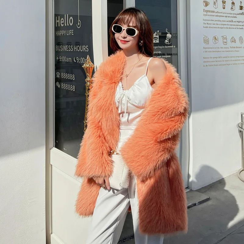 Women Imitation Fox Faux Montage Jacket Lapbel Female Loose Medium Long Coat Elegant Thermal High Street Plush Coats Winter