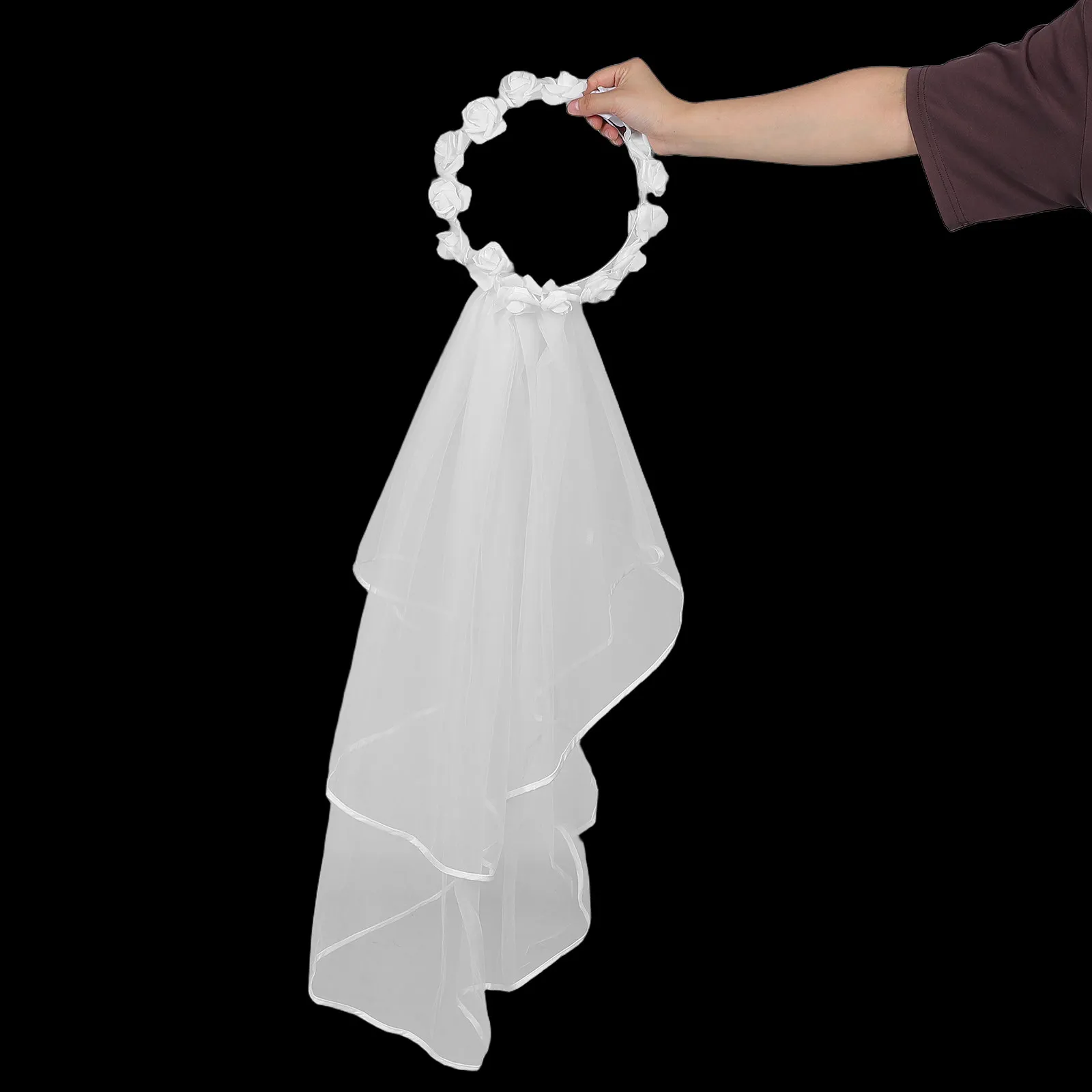 

Flower Wreath Headband Bridal Veil Double Layer Wedding Hair Wreath Bride Floral Crown Photography Accessory White Rose