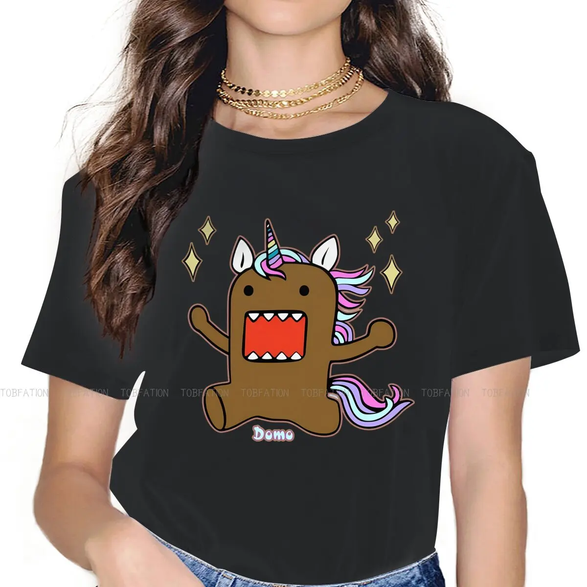 Unicorn 4XL TShirts Domo Kun Cotton Girl Harajuku Fabric Tops T Shirt Round Neck