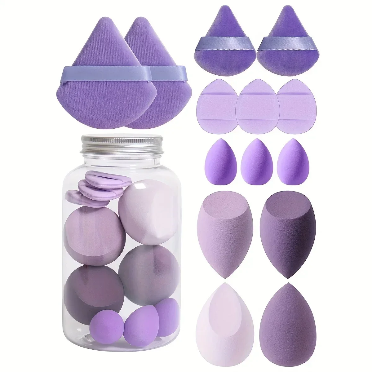 14pcs Makeup Sponge Set with Storage Jar Velvet Beauty Makeup Sponge Finger Puff Dual-Use Wet & Dry Foundation Cosmetic Puffs