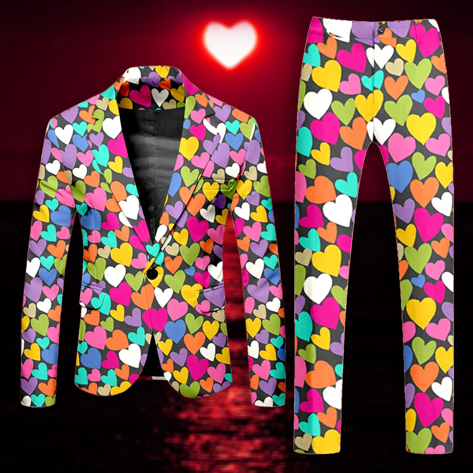 Valentine\'S-Day Suit Set Men\'S Two-Piece Dress-Pants Suit-Jacket Gift Core-Graphic Blazers Party Lover Slim Terno Masculino