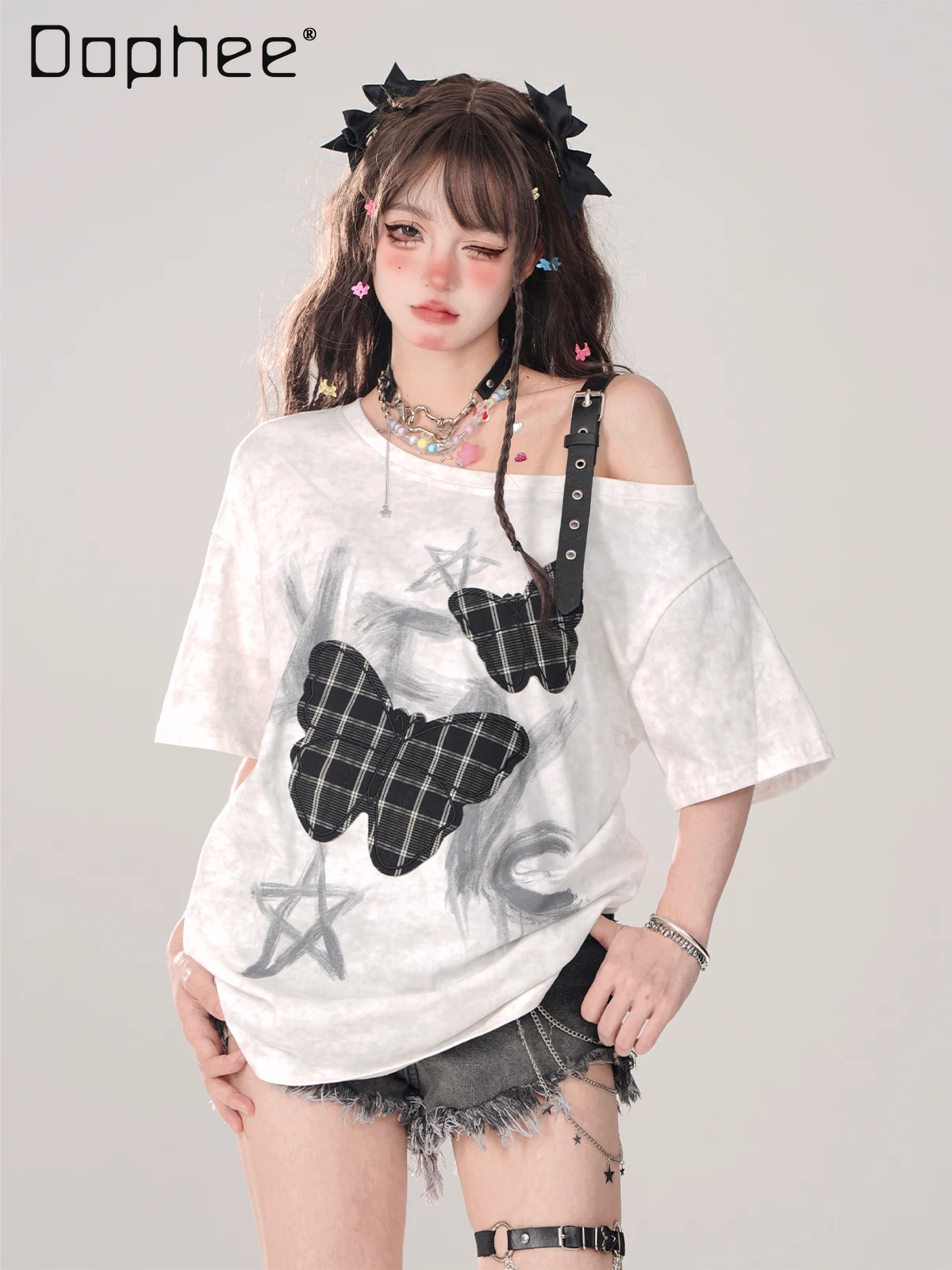 Y2k Off Shoulder T-Shirt Women Short Sleeve Butterfly Harajuku Tee Tops Vintage Print Girls Cute Graphic Fashion Japanese Summer