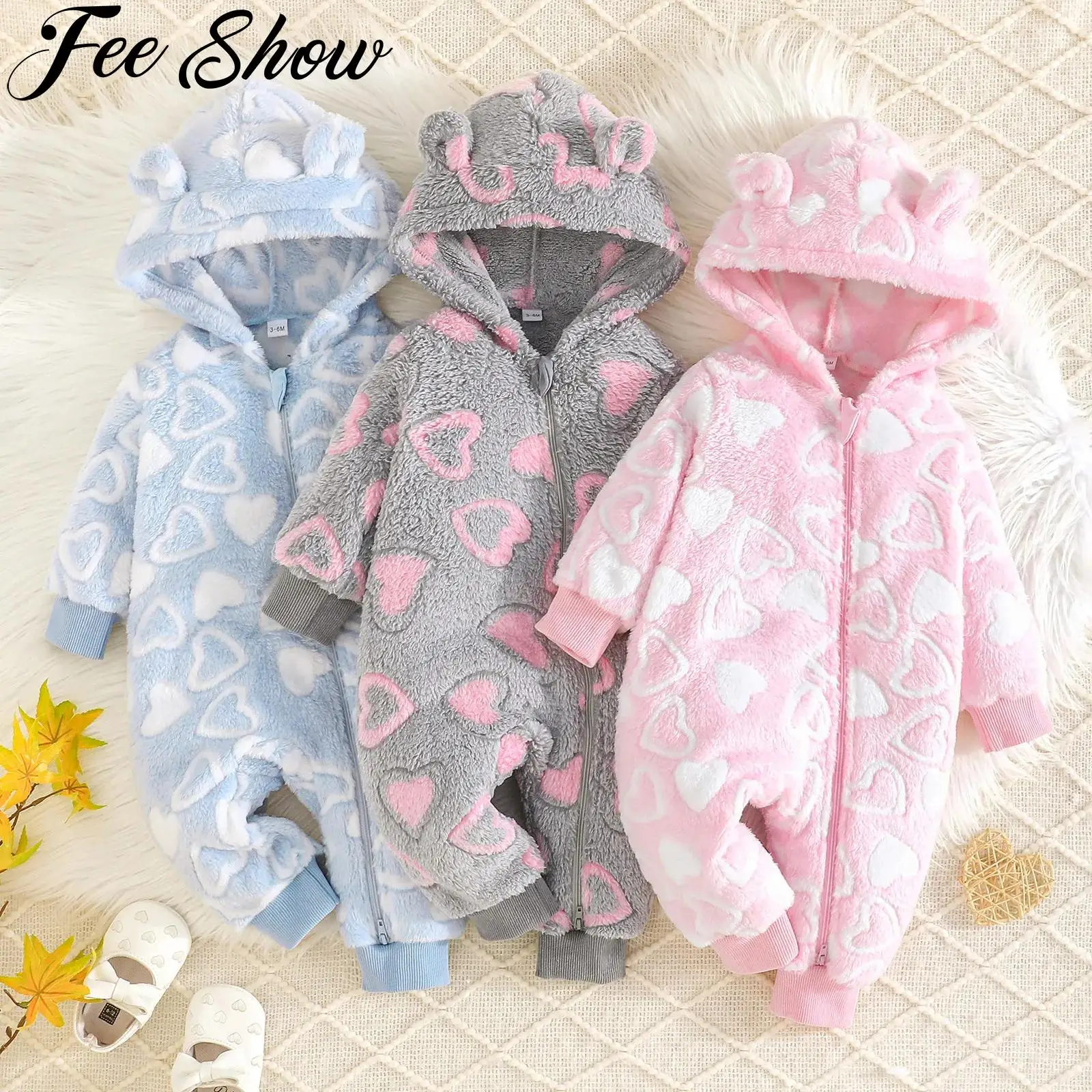 

Одежда для новорожденных, милый зимний фланелевой комбинезон с капюшоном, комбинезон на молнии с длинными рукавами и принтом сердца, теплая верхняя одежда, домашняя одежда, домашняя одежда