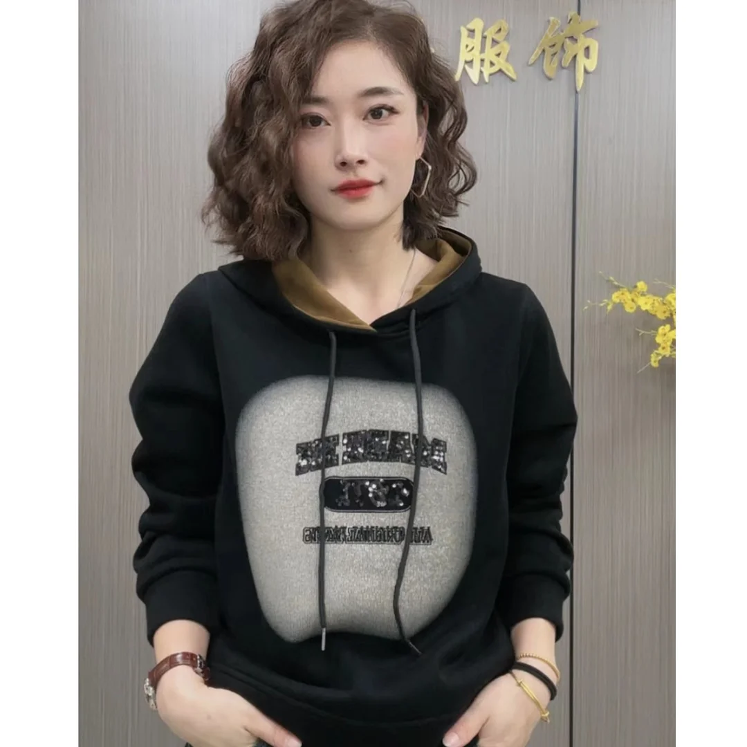 Fashion Printed Letter Diamonds Hoodies Sweatshirts Women\'s Clothing 2024 Autumn New Loose Commuter Tops Casual Sweatshirts