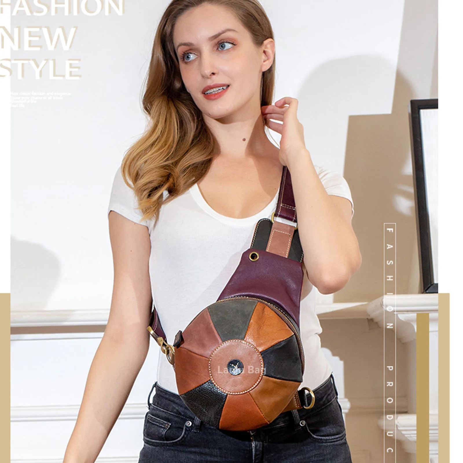 

2023 New Chest Bag Original Designer Genuine Leather Women's Bag Fashion Trend Splicing Bag One Shoulder Hat Bag