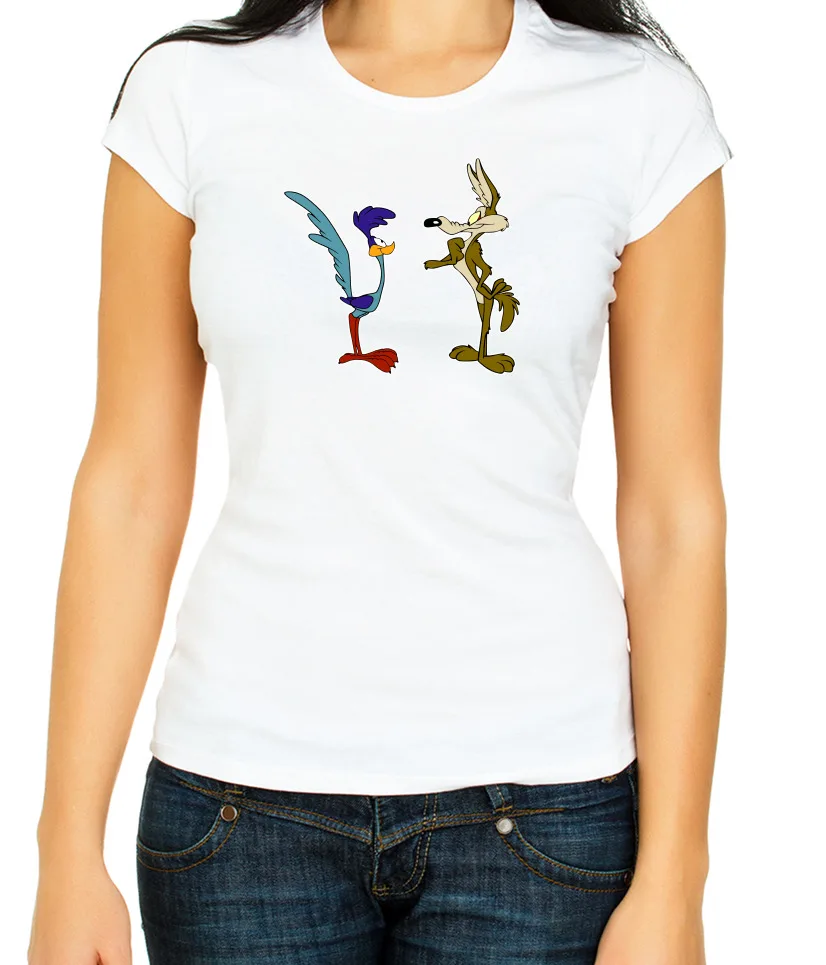 Coyote Road Runner Cartoon White Black Women's 3 4 T Shirt P117