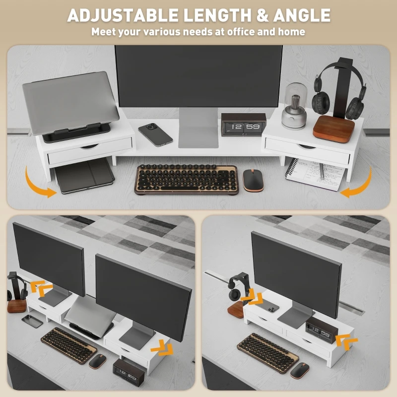 Ye Dual Monitor Stand Riser with 2 Drawers, Adjustable Length and Angle, 116cm Monitor Riser for Laptop, Computer, PC, Small Printer, White