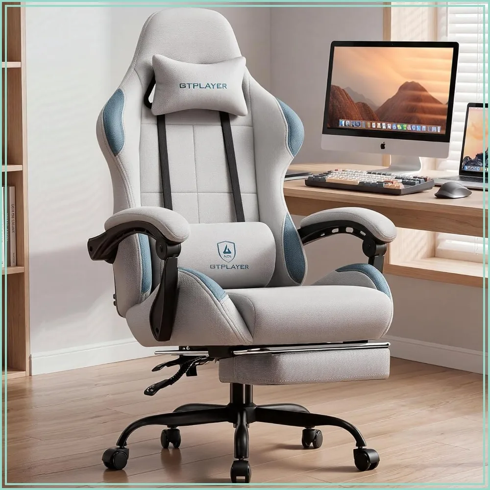 Gaming Chair Fabric Pocket Spring Cushion Lumbar Support Linkage Armrests Footrest Light Gray