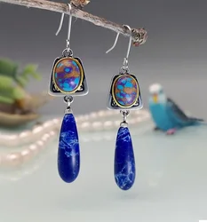 Bohemian Style Lapis Lazuli stone Dangle Hook Earrings Wedding Engagement Earrings for Women