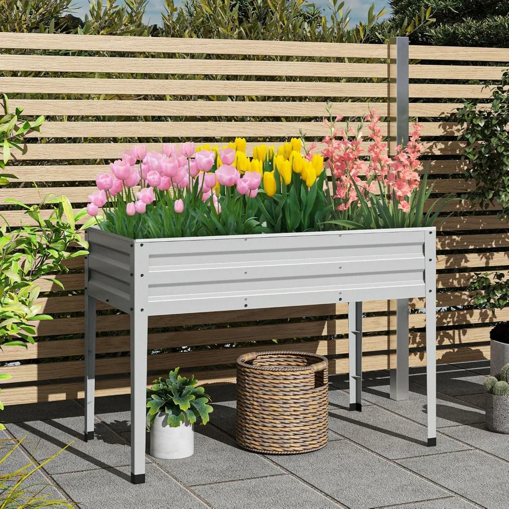 سرير حديقة مرتفع بأرجل، صندوق زراعة فولاذي مجلفن مقاس 46 × 24 × 32 للخضروات والزهور والفواكه، فضي سهل التجميع