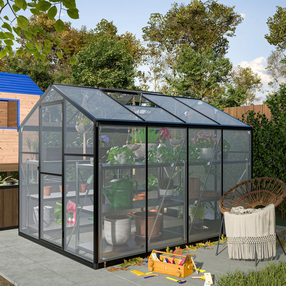 6x8 FT Greenhouse for Outdoors, Polycarbonate Greenhouse with Quick Setup Structure and Roof Vent, Aluminum Large Walk-in