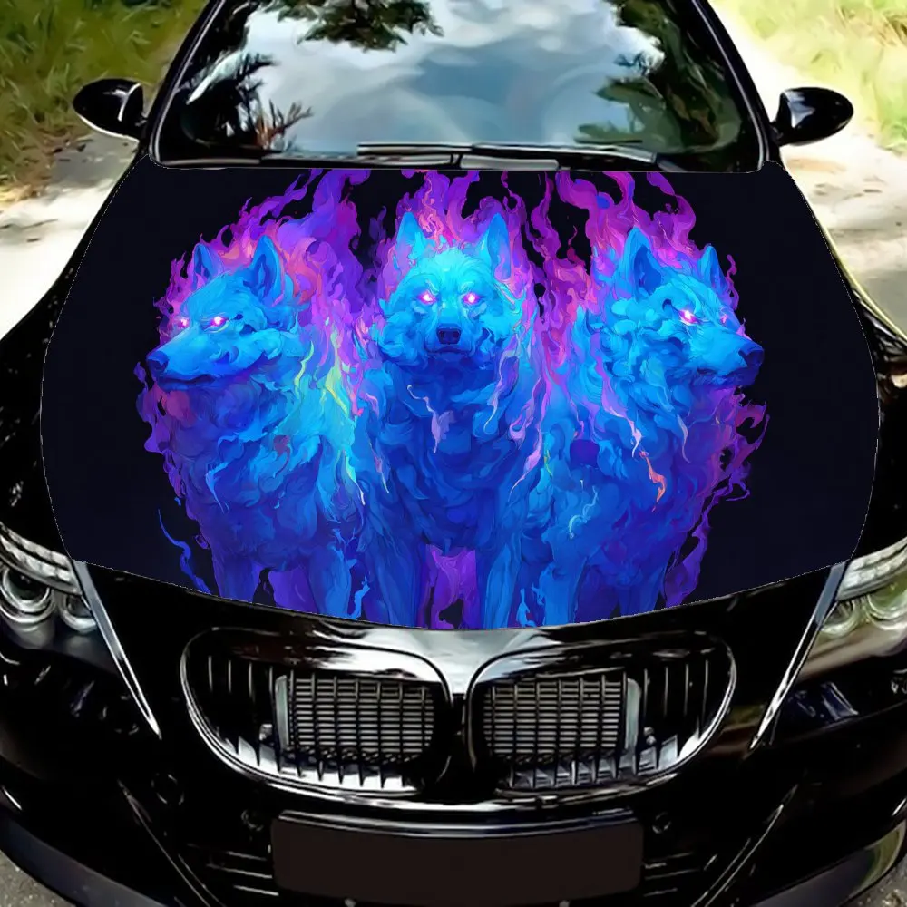 

Blue - Purple Flaming Wolf Car Vinyl Wrap, PVC Waterproof Car Hood Sticker, Self-Adhesive Scratch-Resistant Stickers for Engine