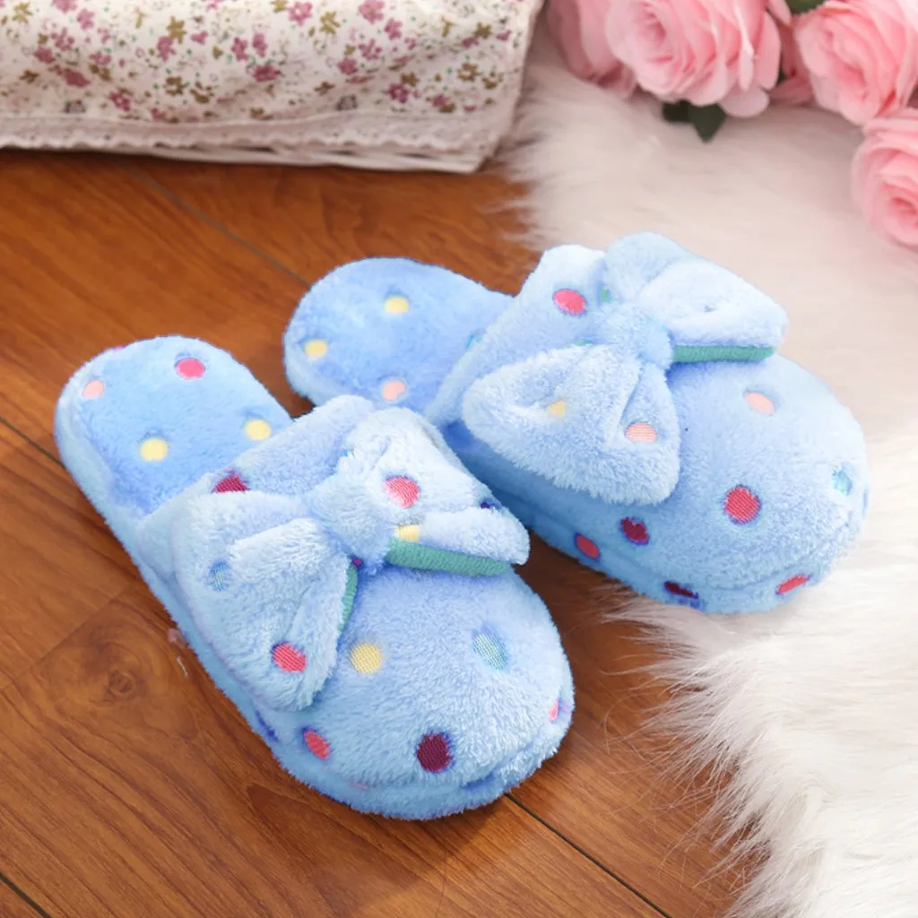 Women\'s Warm Home Slippers Cute Autumn Winter Bow Warmth Thick Plush Non-Slip Leisure Shoes Soft Bedroom Floor Flat Slides