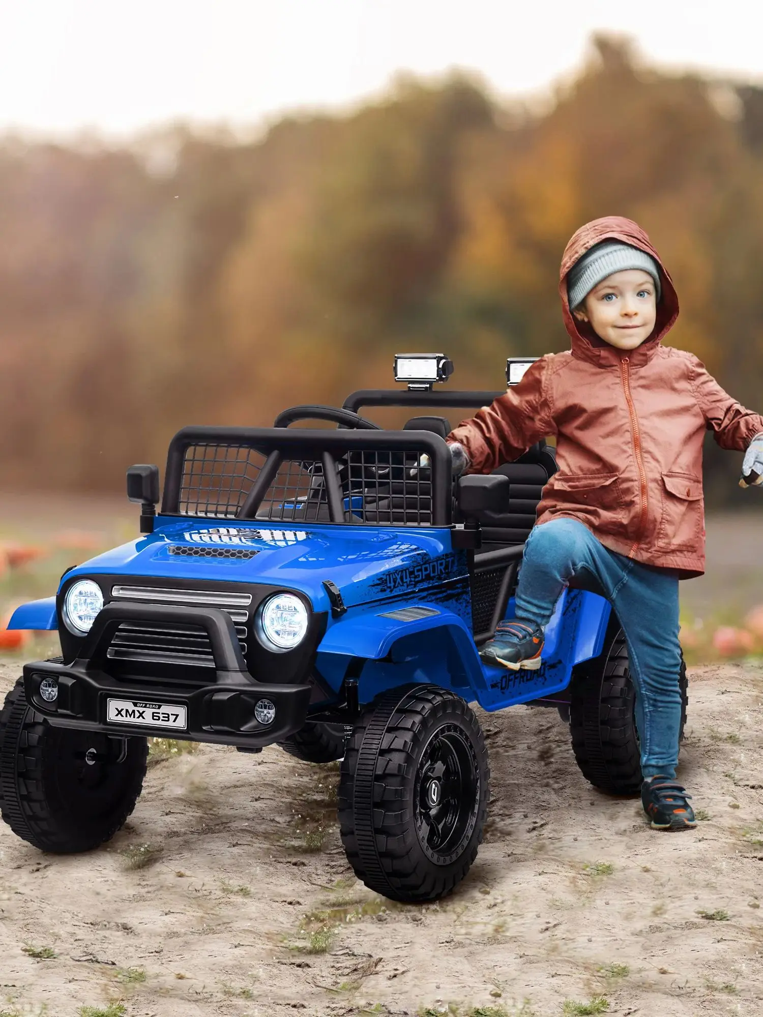 Kinderelektrische auto, zachte vering, afstandsbediening, LED-licht, claxon, 12V motor, blauw, kinderspeelgoedauto, elektrische speelgoedauto - afbeelding 2