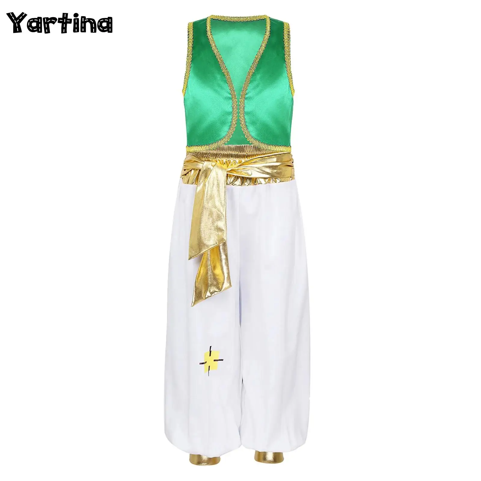 Boys Mythical Prince Kings Aladin Carnival Arabian Cosplay Party Outfit Jazz Costume Sequin Trim Waistcoat with Belted Pants