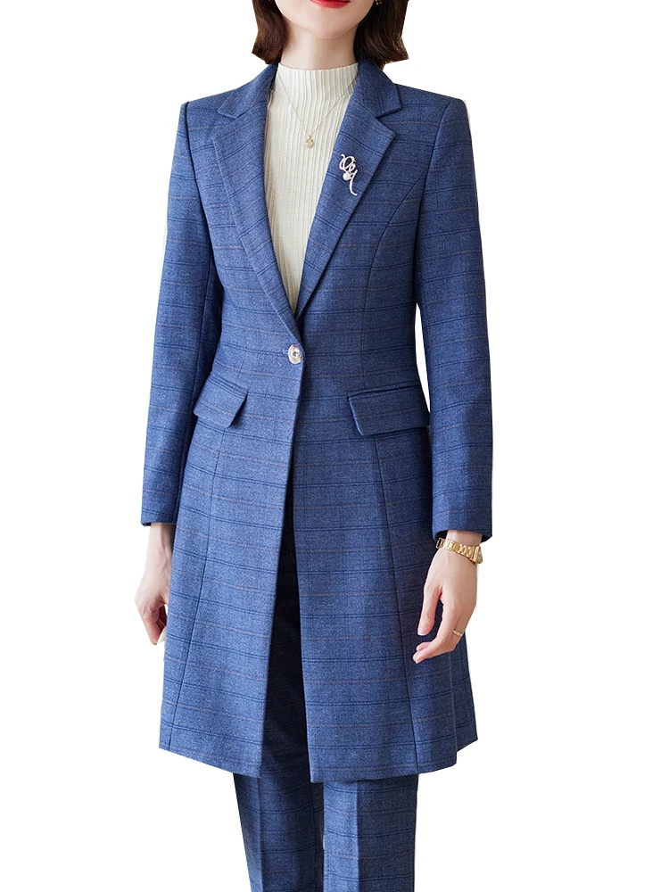 

Women Work Business Wear Pant Suit Red Blue Black Coffee Plaid Long Blazer 2 Pieces Set Office Jacket and Trouser JJ1063