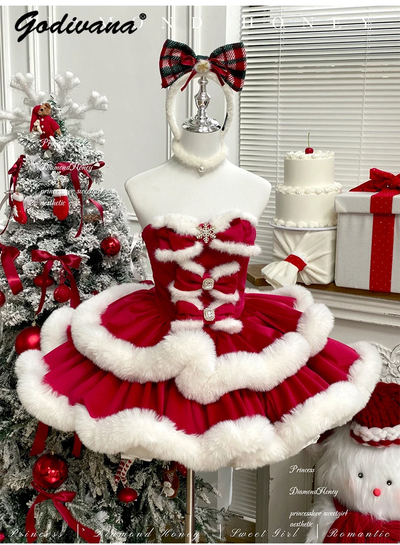 

2025 NEW Autumn, Winter, Christmas, New Year, Rabbit Ear, Red Cloak, Princess Cake Skirt, Women's Hairy Bow, Lolita Dress Set