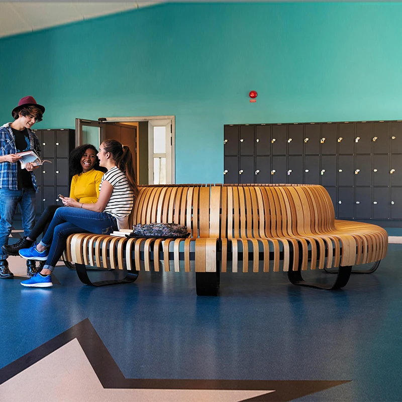 Modern Oak Wood Curved Bench with Iron Frame for Public Waiting Areas Hotels Malls Parks-Commercial Use