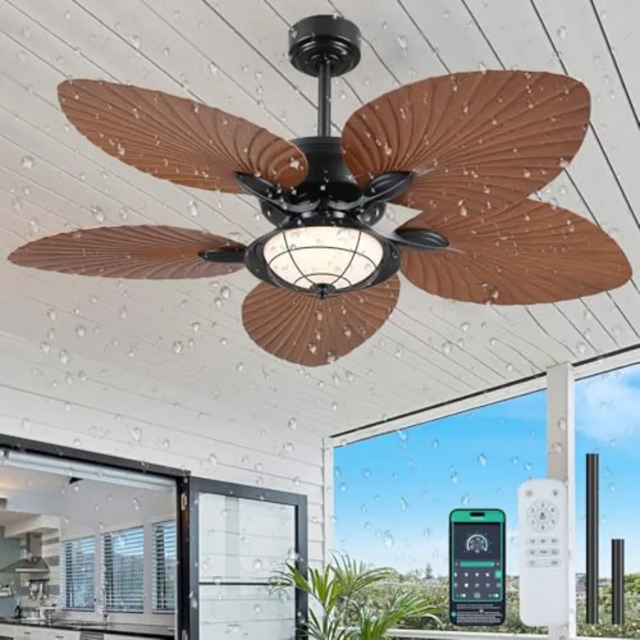 52 Waterproof Outdoor Palm Leaf Ceiling Fans with Lights and Remote, Wet Rated Tropical Ceiling Fans for Patios, Porch, Gazebo,