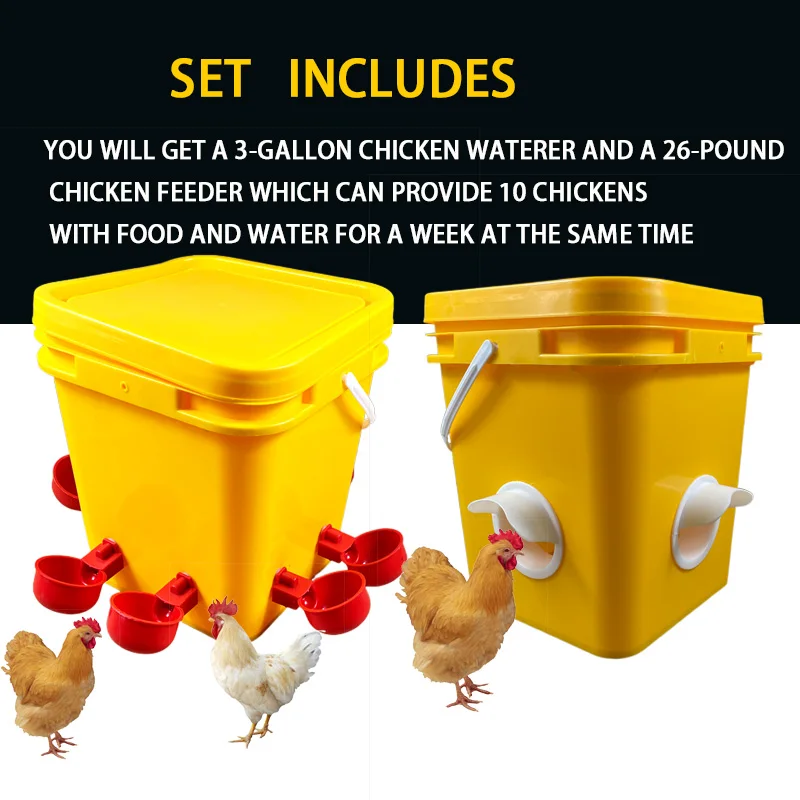 

10L Chicken Duck Goose Bucket Chicken Feeder and Waterer Kit with 8 Auto-Fill Cups and 4 Ports Horizontal Nipples for Poultry