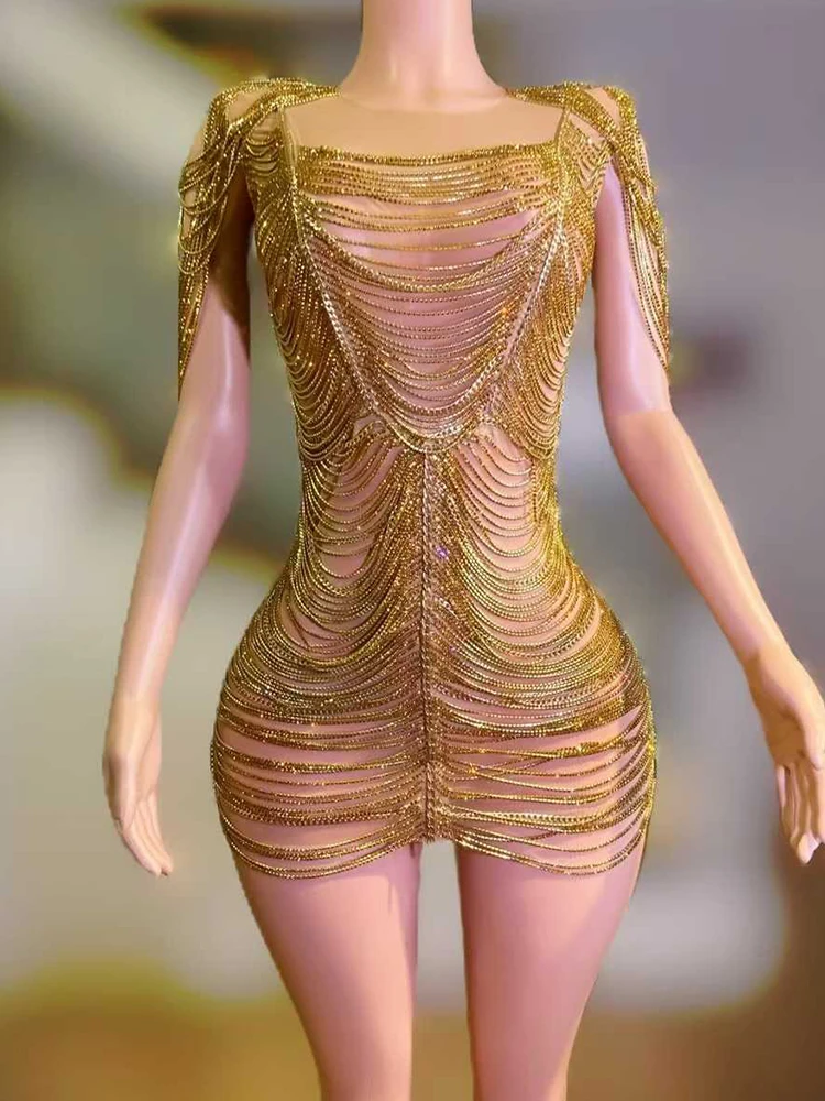 Wysokiej jakości łańcuszek z kryształkami seksowna prześwitująca sukienka z siateczki 2025 nowych moda niestandardowa odzież damska