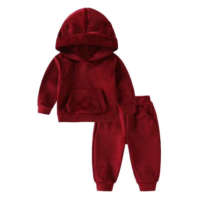 

Autumn/Winter Girls' Suit Hundred Hooded Children's Clothing Solid Colour Pocket Two Piece Long Sleeve Top + Long Pants Smooth