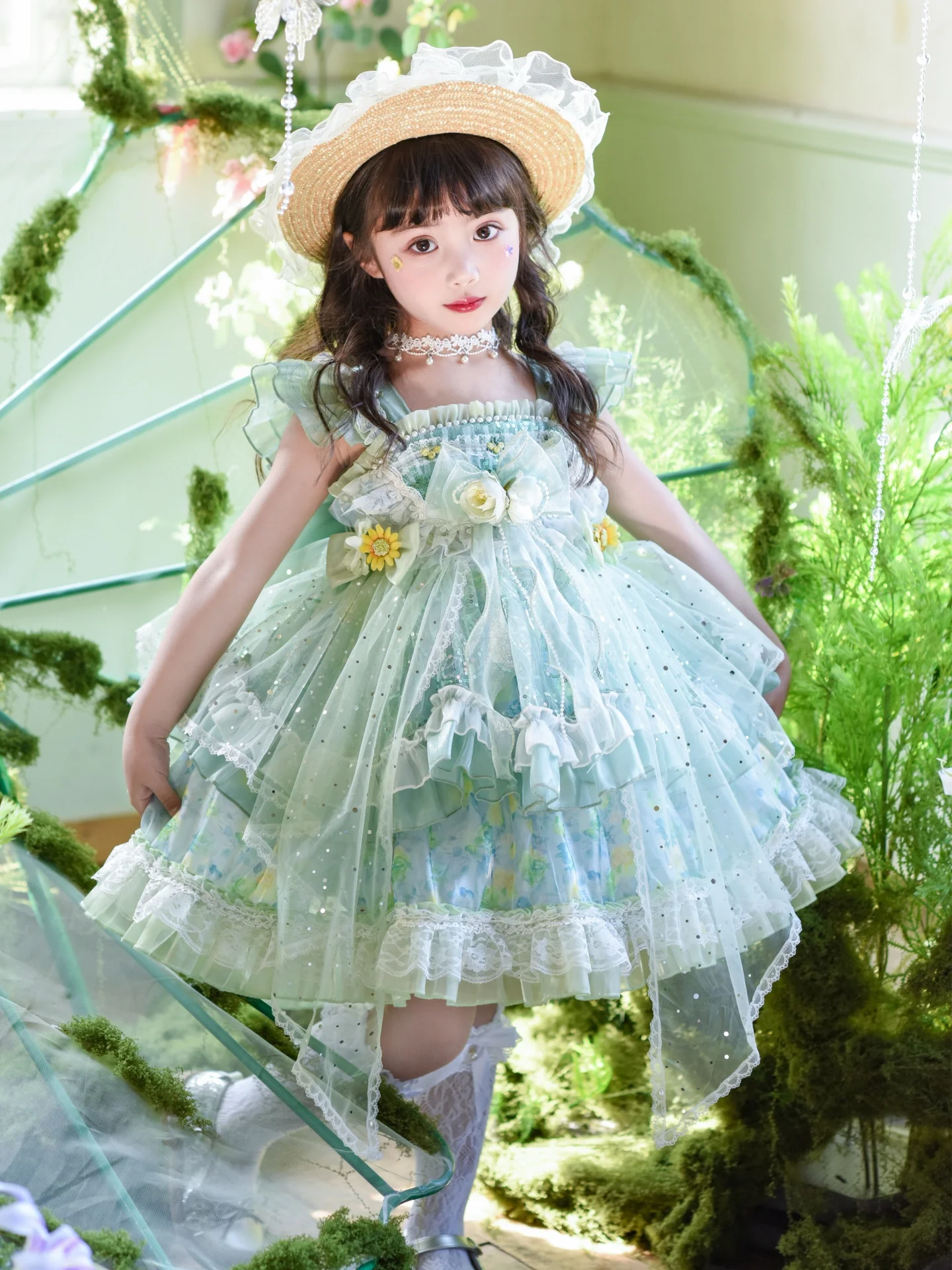 lolita-princess-skirt-for-girls-summer-new-style-little-girl-green-flower-fluffy-dress-children's-floral-skirt-breathable-cot