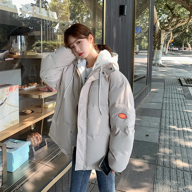 Women Short Parkas Coats Solid Jackets Hooded Drawstring Zipper Pocket Long Sleeves Thick Loose Streetwear Casual 2025 Winter