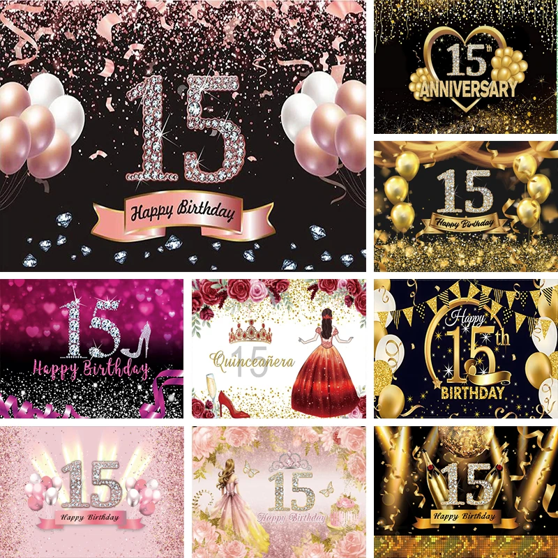 

Happy 15th Birthday Backdrop Banner Boys Girls 15 Year Old Birthday Party Sign Supplies Background For Booth Props Decor