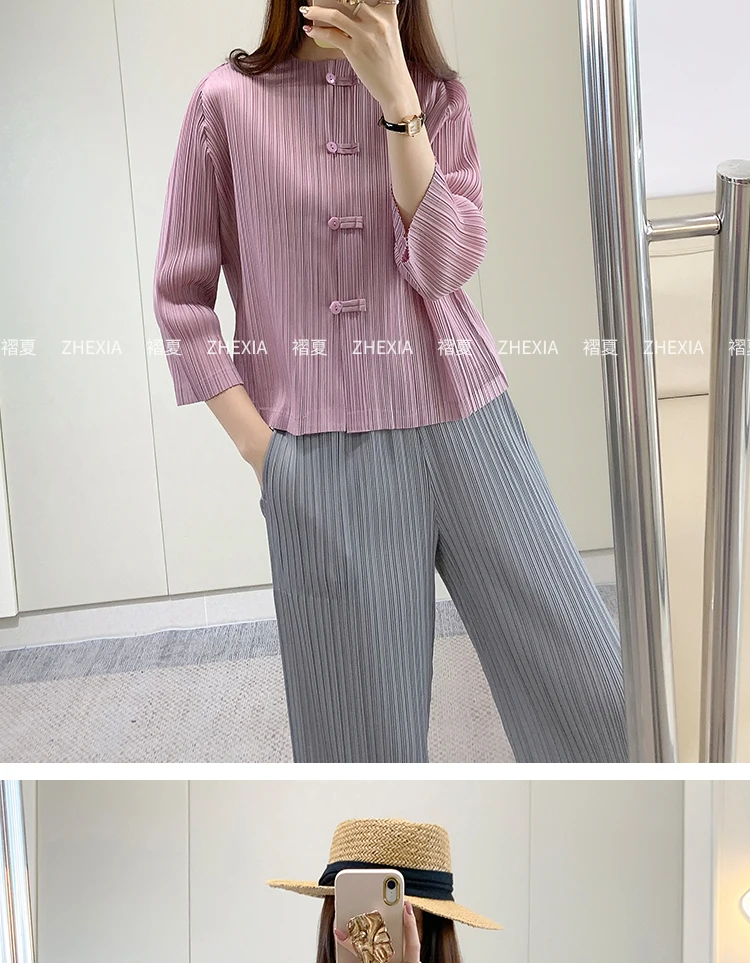 Miyake Plissee-Oberteil Damenjacke Herbst Retro Chinesischer Stil Hochwertiges Langarmhemd Chinesischer Stil Knopfleiste Elegantes Oberteil – Detail 12